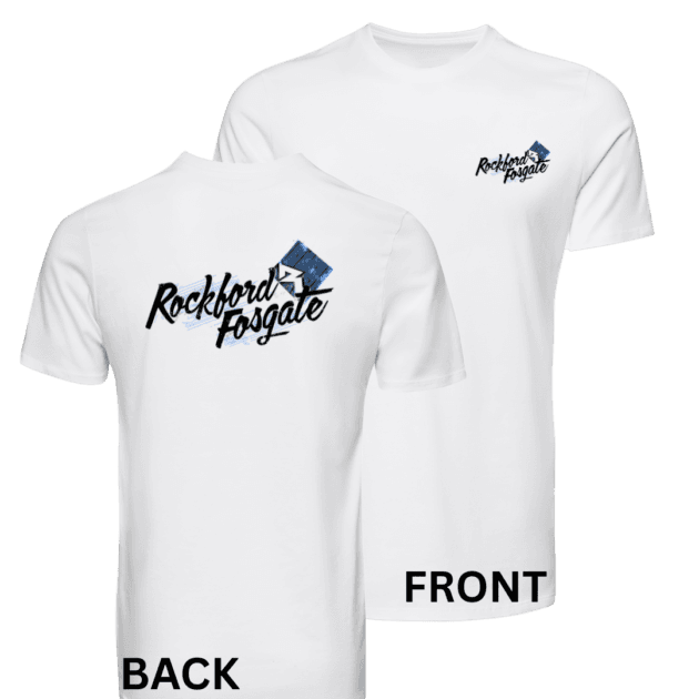 Rockford Fosgate Clothing- Scratch T-shirt – White – Blue and White writing