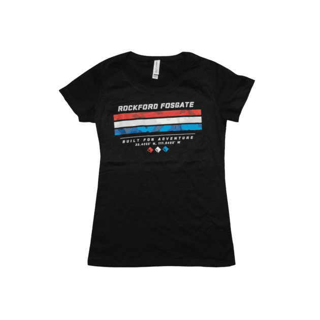 Rockford Fosgate Clothing- Womens Heather Black T-shirt w/Red White Blue RF